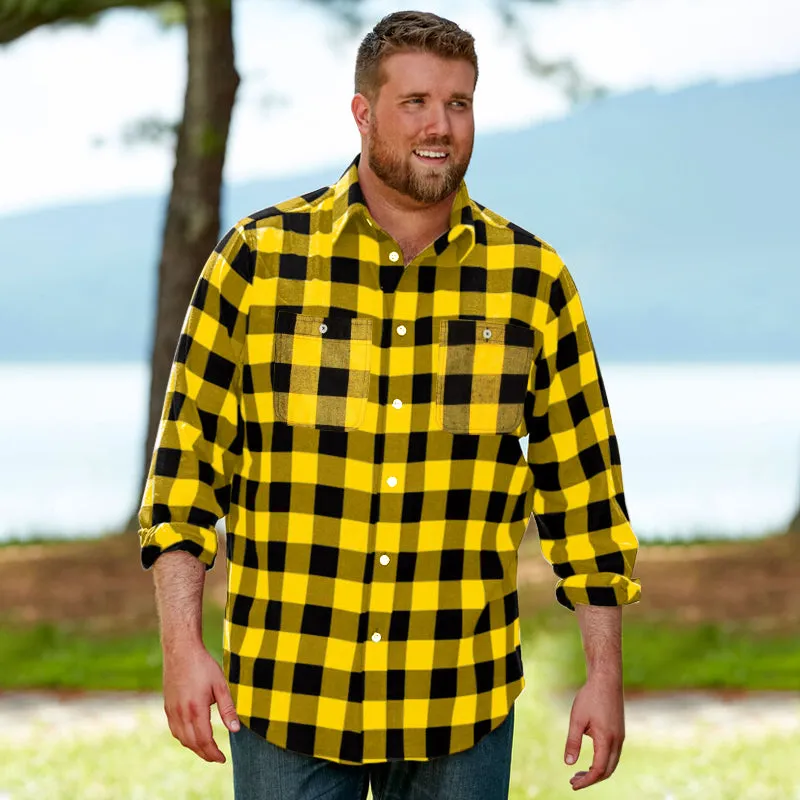 BIG & TALL Men's Button Down Long Sleeve Plaid Flannel Casual Shirts-Bright Yellow Plaid