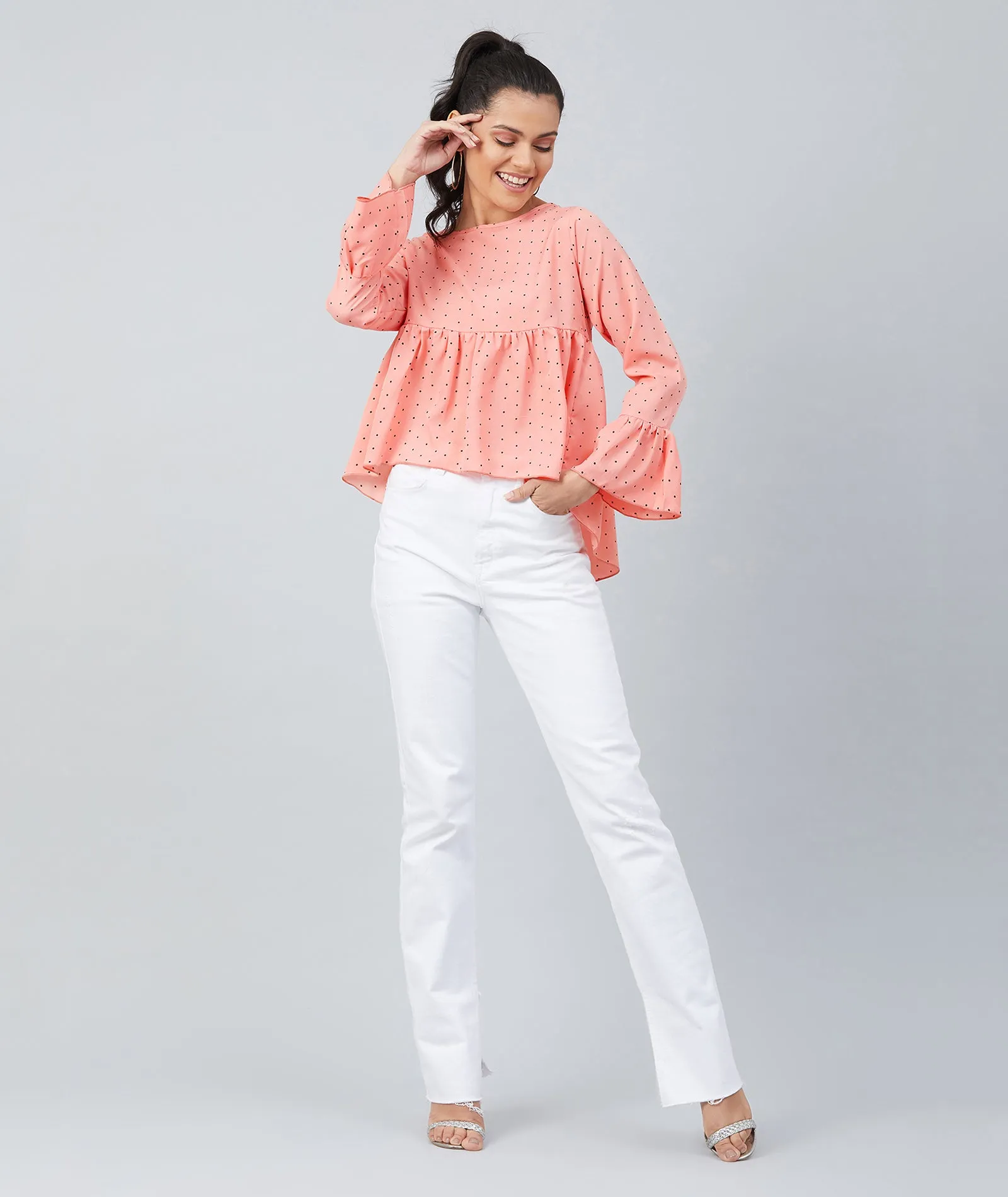 Chimpaaanzee women Peach Crepe Polka Doted Full Sleeve  Top