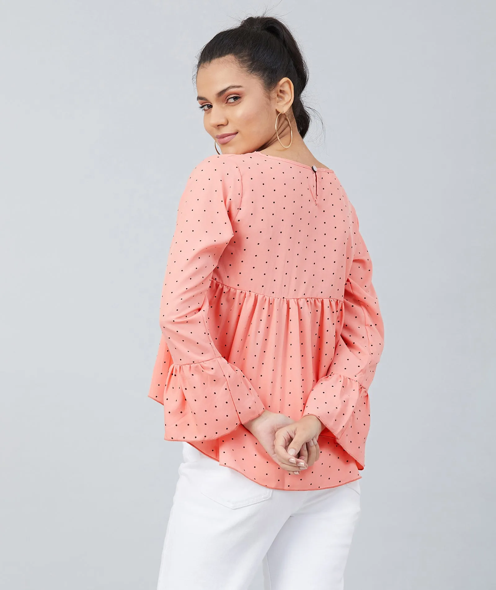 Chimpaaanzee women Peach Crepe Polka Doted Full Sleeve  Top