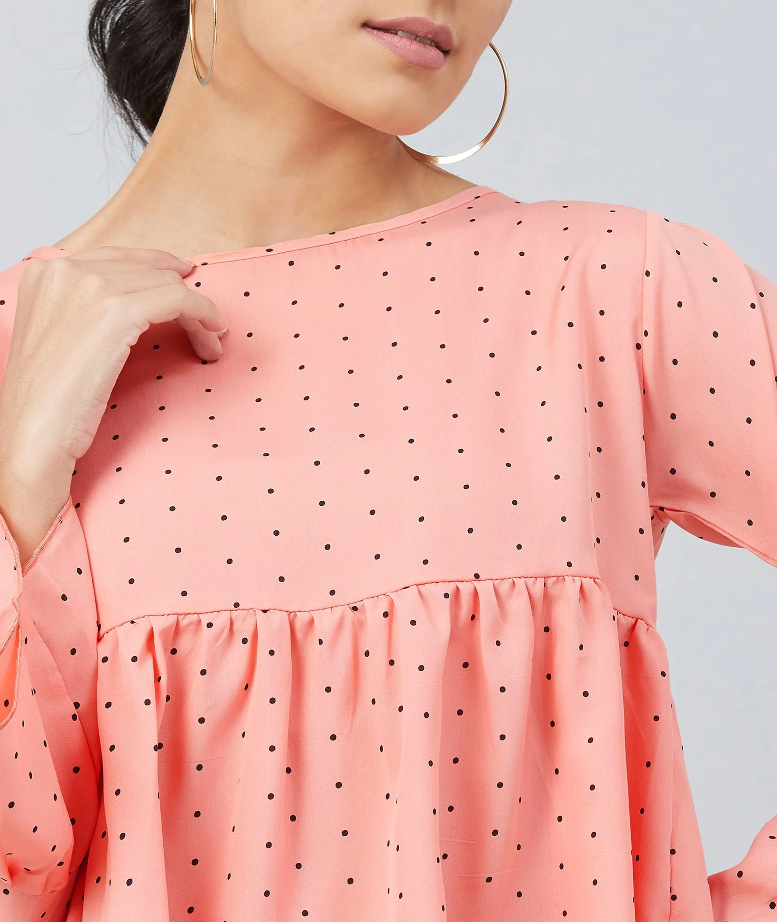 Chimpaaanzee women Peach Crepe Polka Doted Full Sleeve  Top