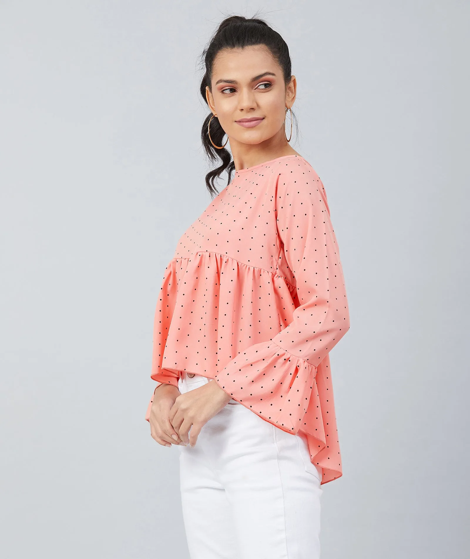 Chimpaaanzee women Peach Crepe Polka Doted Full Sleeve  Top