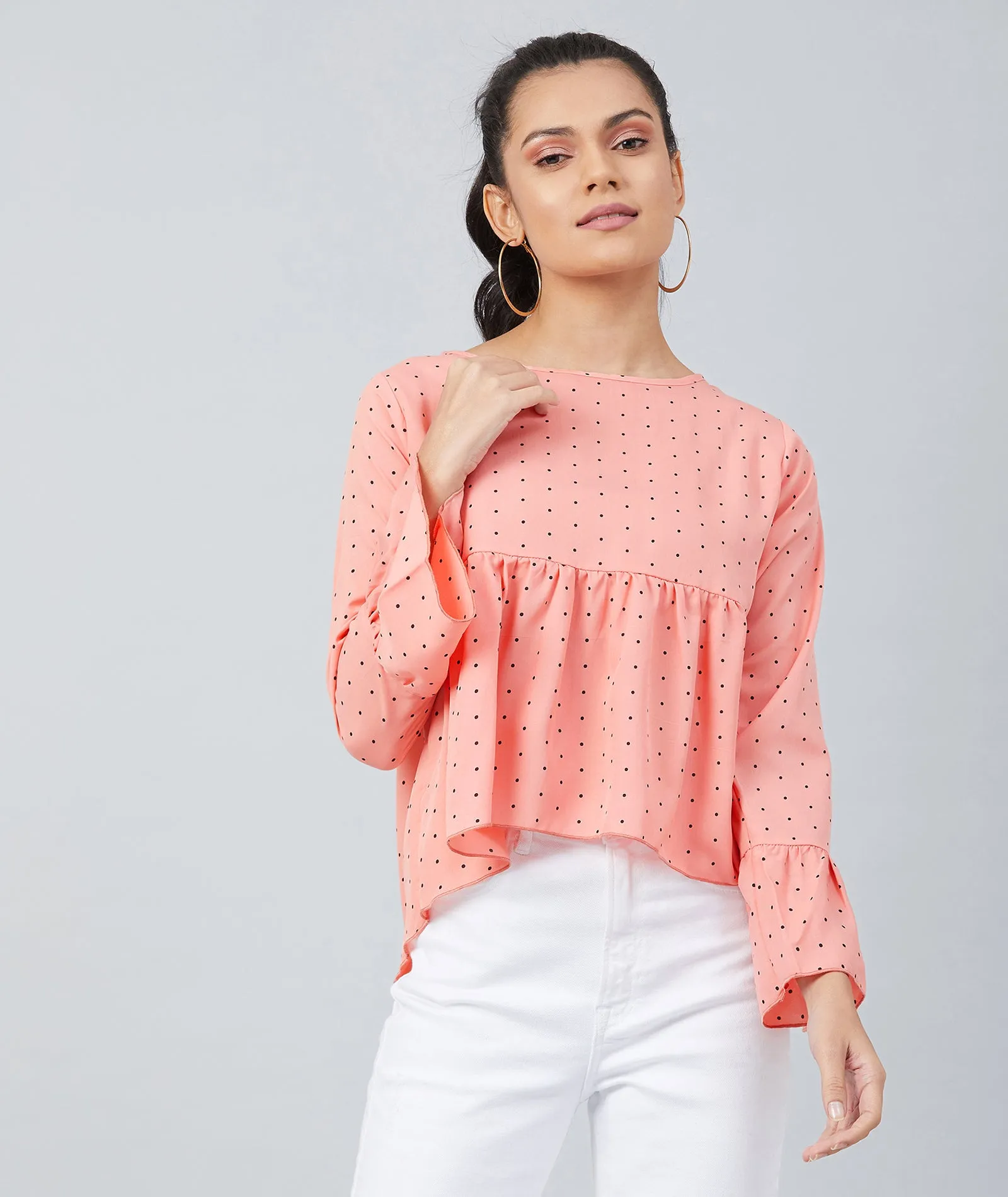 Chimpaaanzee women Peach Crepe Polka Doted Full Sleeve  Top