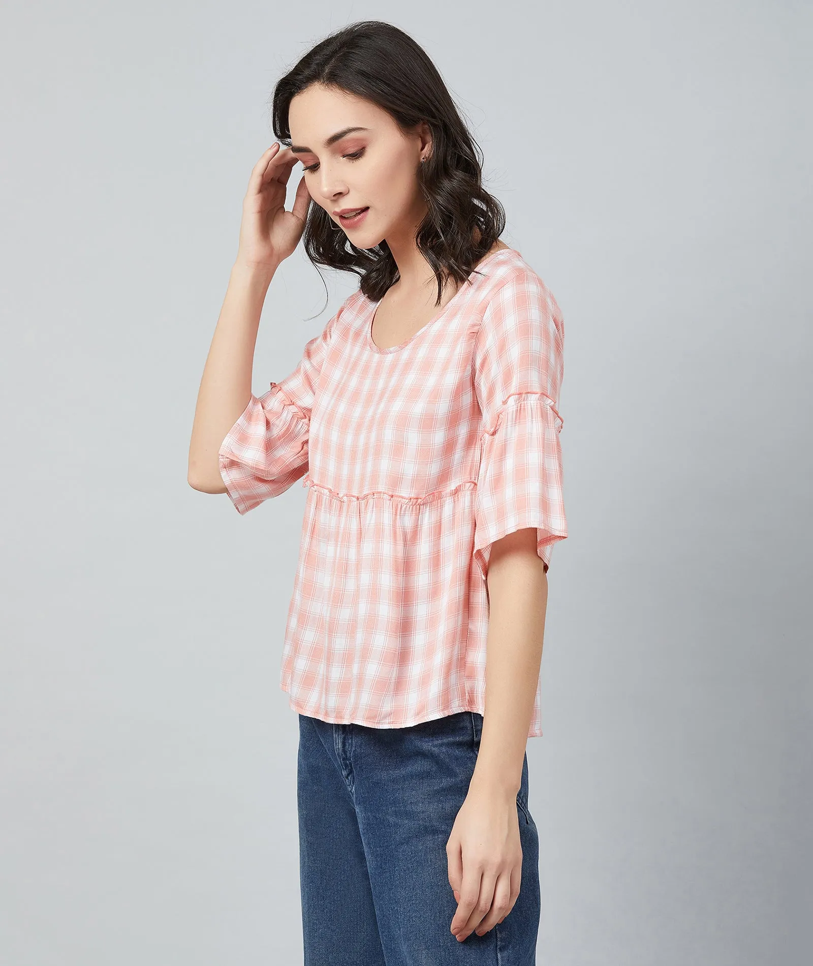 Chimpaaanzee Women Pink and White Checks Frill Style Top