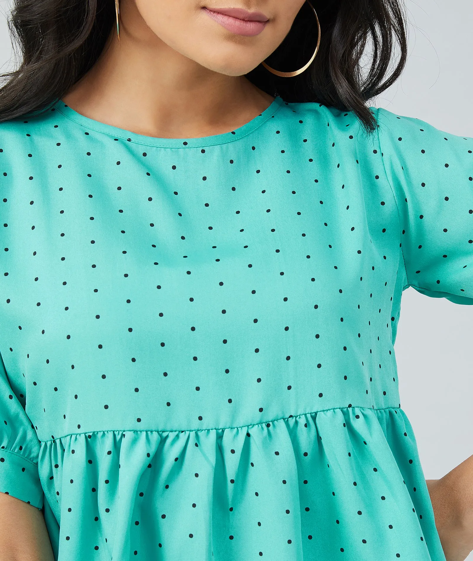 Chimpaaanzee women Rama Green Crepe Polka Doted Half Sleeve Top