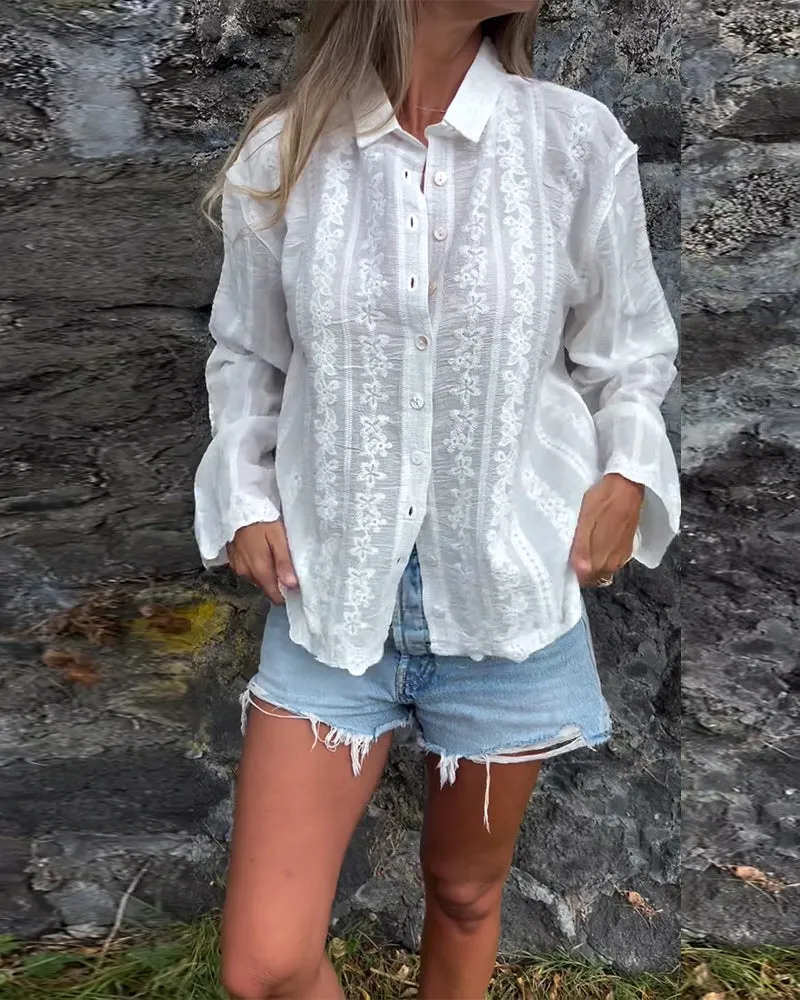 Embroidered Hollow Polo Collar Casual Shirt