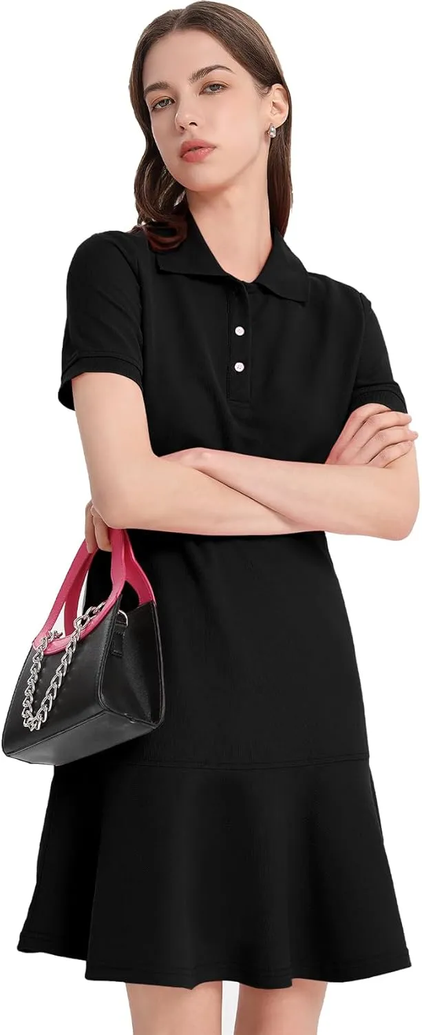 Flygo Womens Polo Dress Collared Short Sleeve Ruffle Golf Tennis T Shirt Sports Workout Mini Summer Dresses Tunic Pique