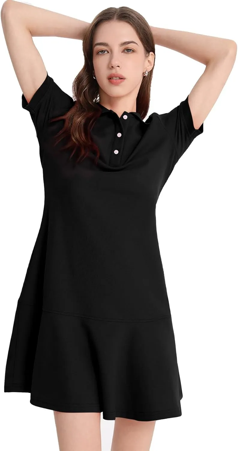 Flygo Womens Polo Dress Collared Short Sleeve Ruffle Golf Tennis T Shirt Sports Workout Mini Summer Dresses Tunic Pique