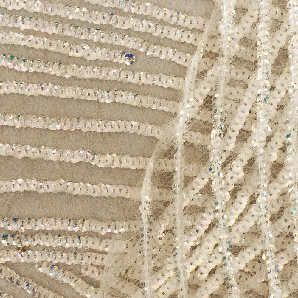 Iridescent Beige Wave Sequined Poly Floral Lace Knit Fabric