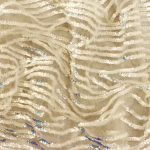 Iridescent Beige Wave Sequined Poly Floral Lace Knit Fabric
