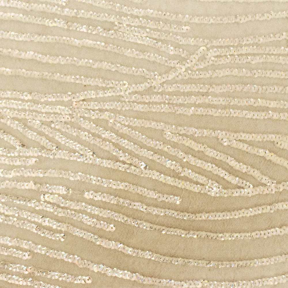 Iridescent Beige Wave Sequined Poly Floral Lace Knit Fabric