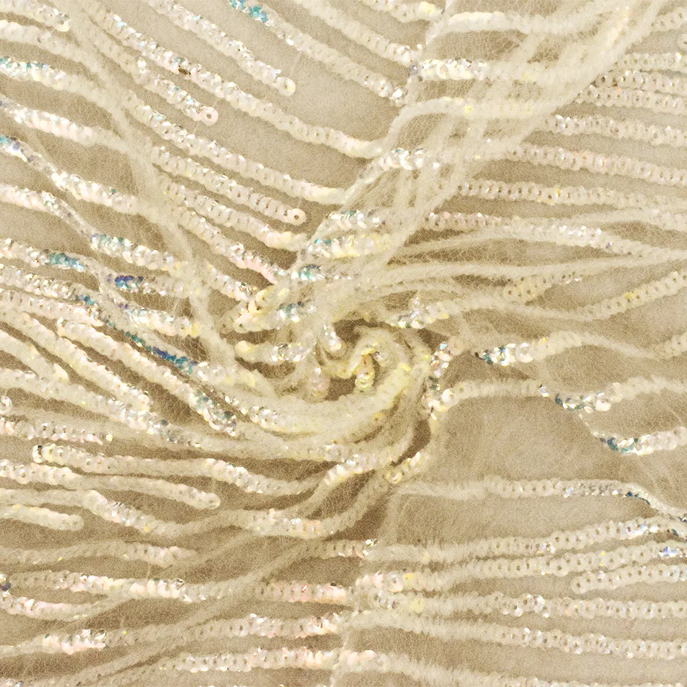 Iridescent Beige Wave Sequined Poly Floral Lace Knit Fabric