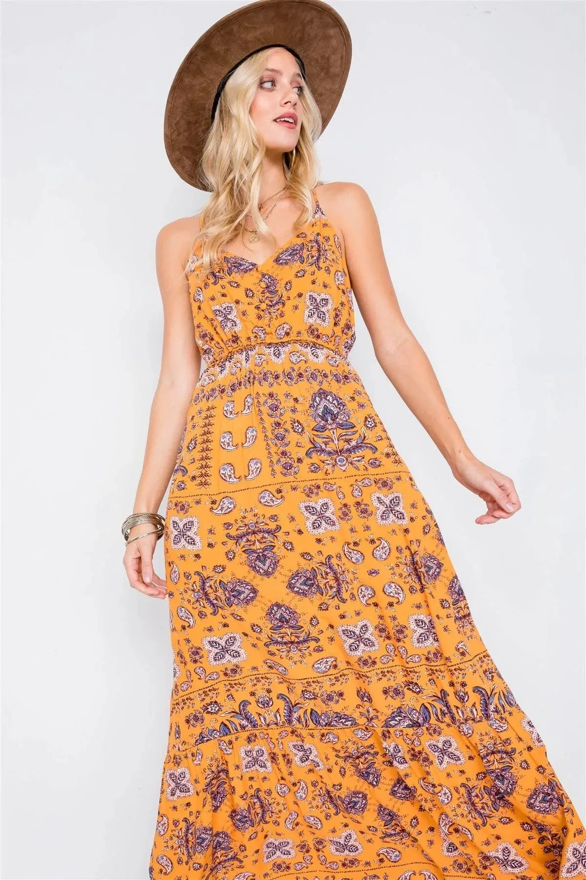 Mustard Boho Print V-Neck Cami Straps Maxi Dress  /3-1-2