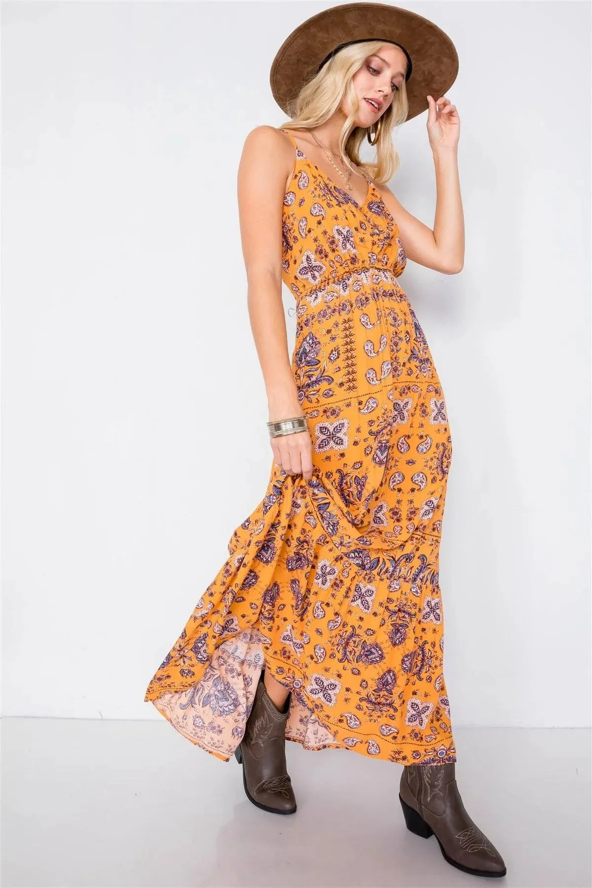 Mustard Boho Print V-Neck Cami Straps Maxi Dress  /3-1-2