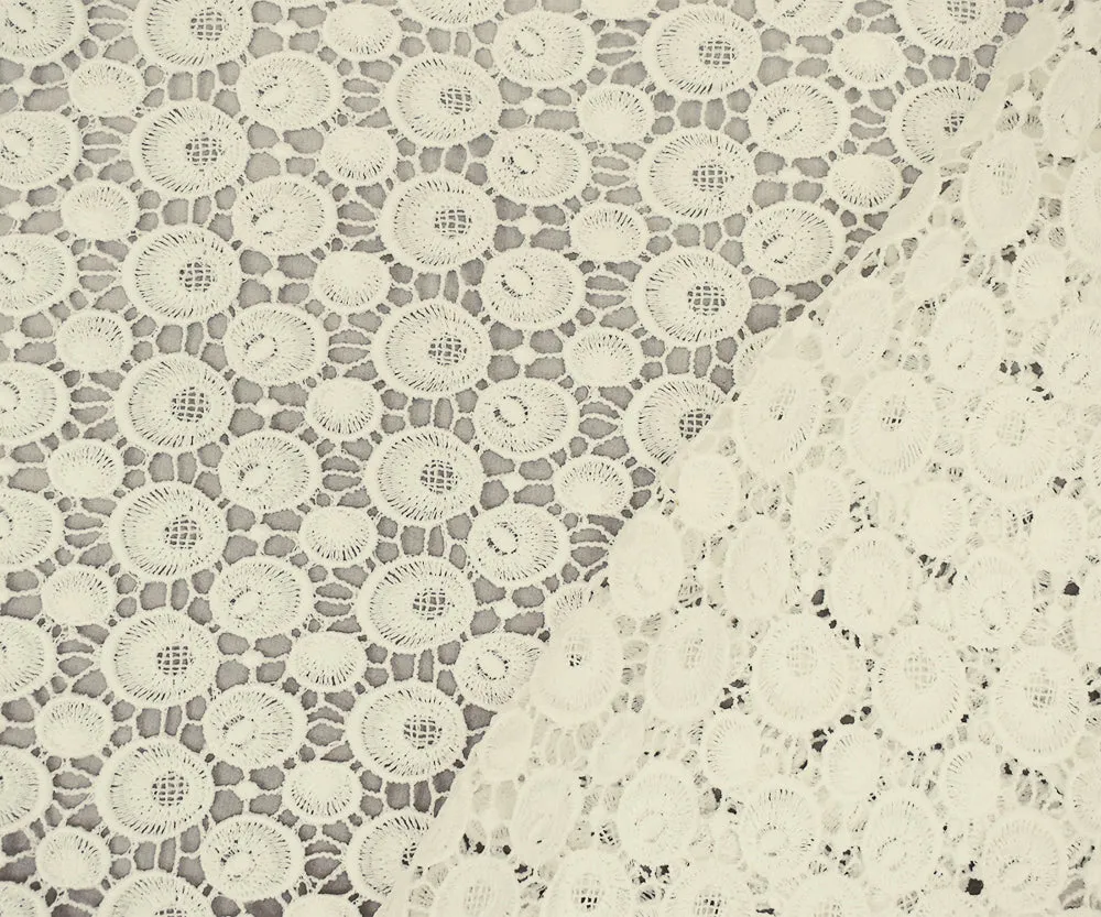 Off-White Polyester Solar Circle Embroidered Crochet Knit Lace Fabric
