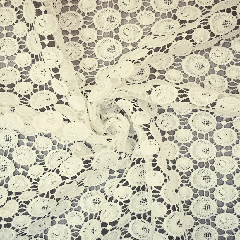 Off-White Polyester Solar Circle Embroidered Crochet Knit Lace Fabric