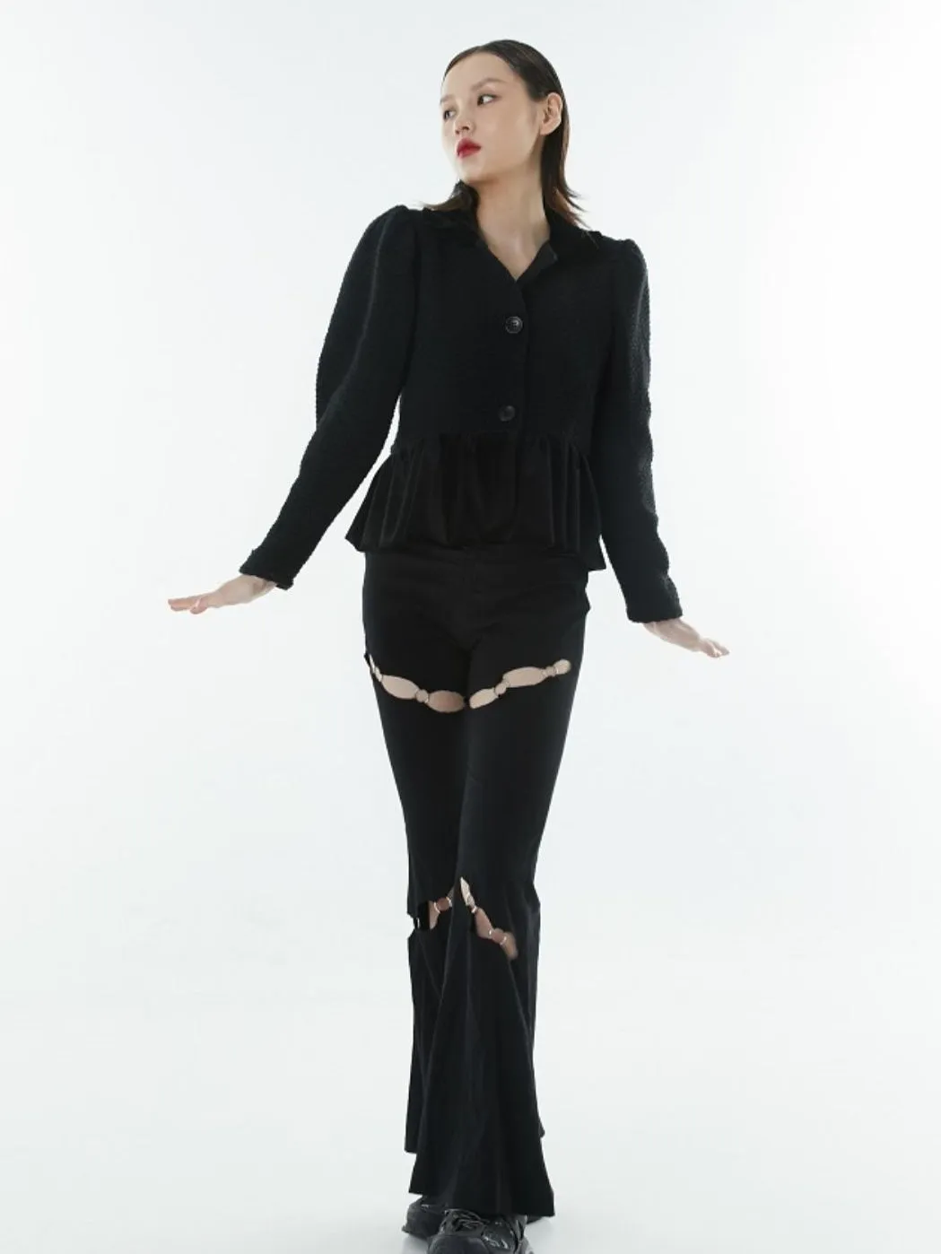 Peplum Flare Tweed Velvet Tops