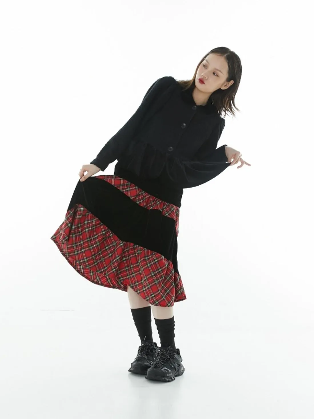 Peplum Flare Tweed Velvet Tops