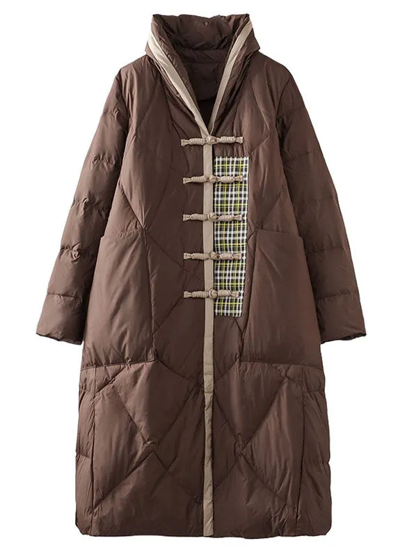 Simple Brown Patchwork Oriental Button Duck Down Puffer Outwear Winter LY0012
