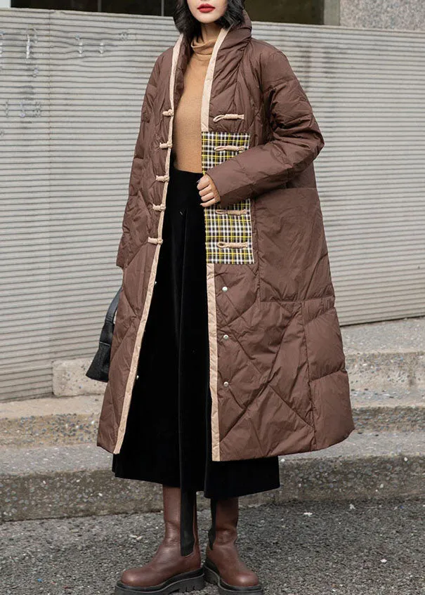 Simple Brown Patchwork Oriental Button Duck Down Puffer Outwear Winter LY0012