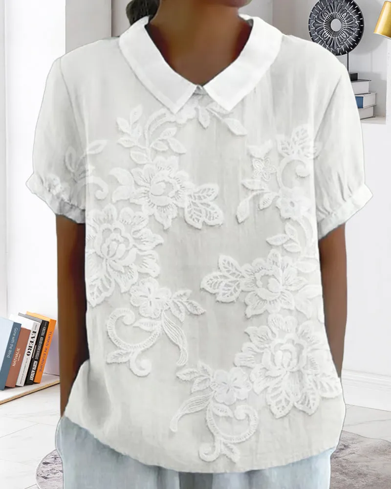Solid Color Blouse With Lapel Print