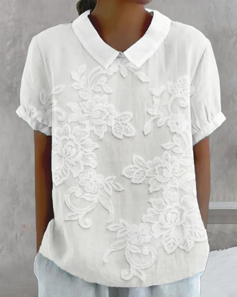 Solid Color Blouse With Lapel Print