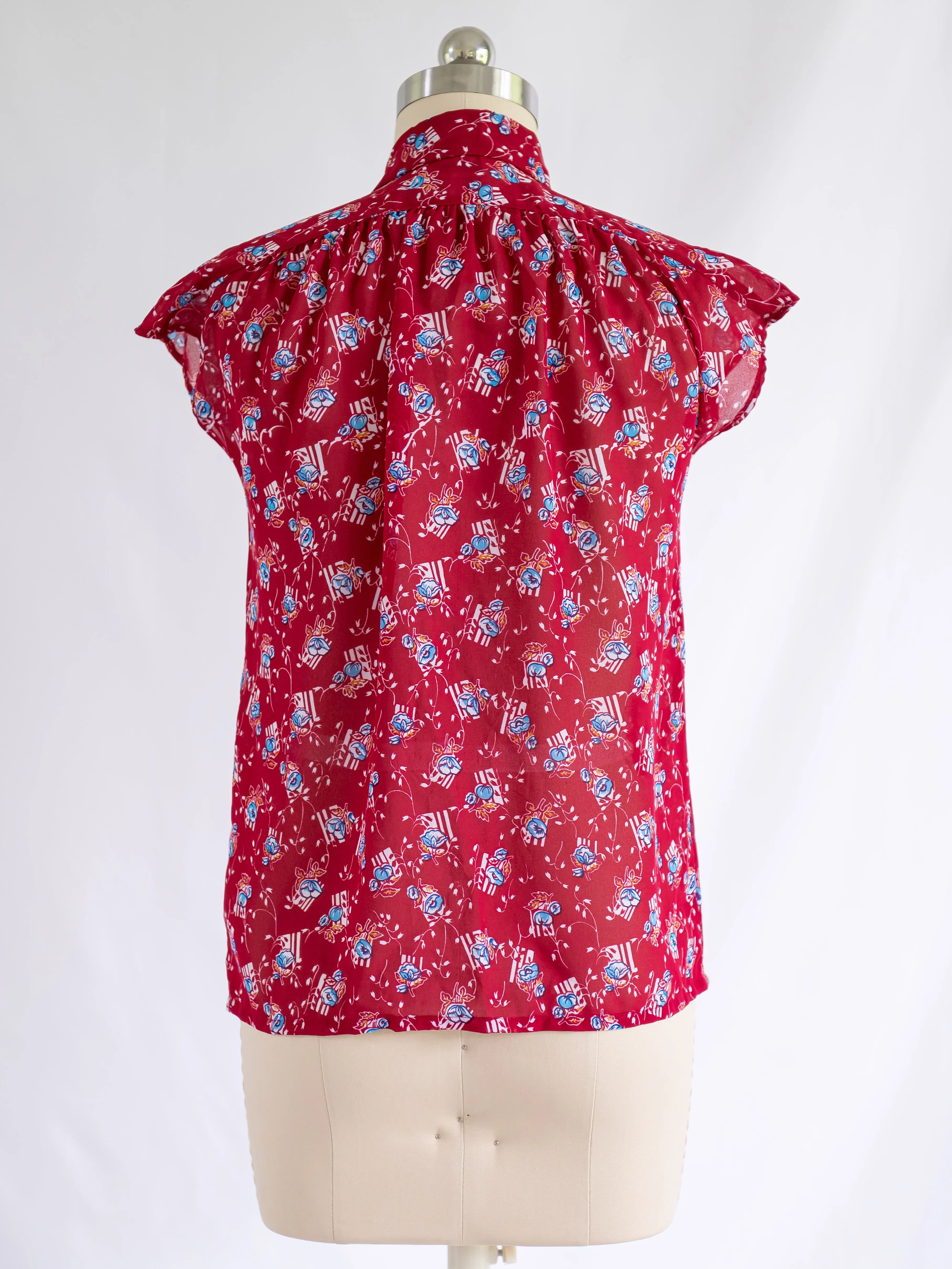 Vintage Red Chiffon Floral Print Tie Neck Blouse