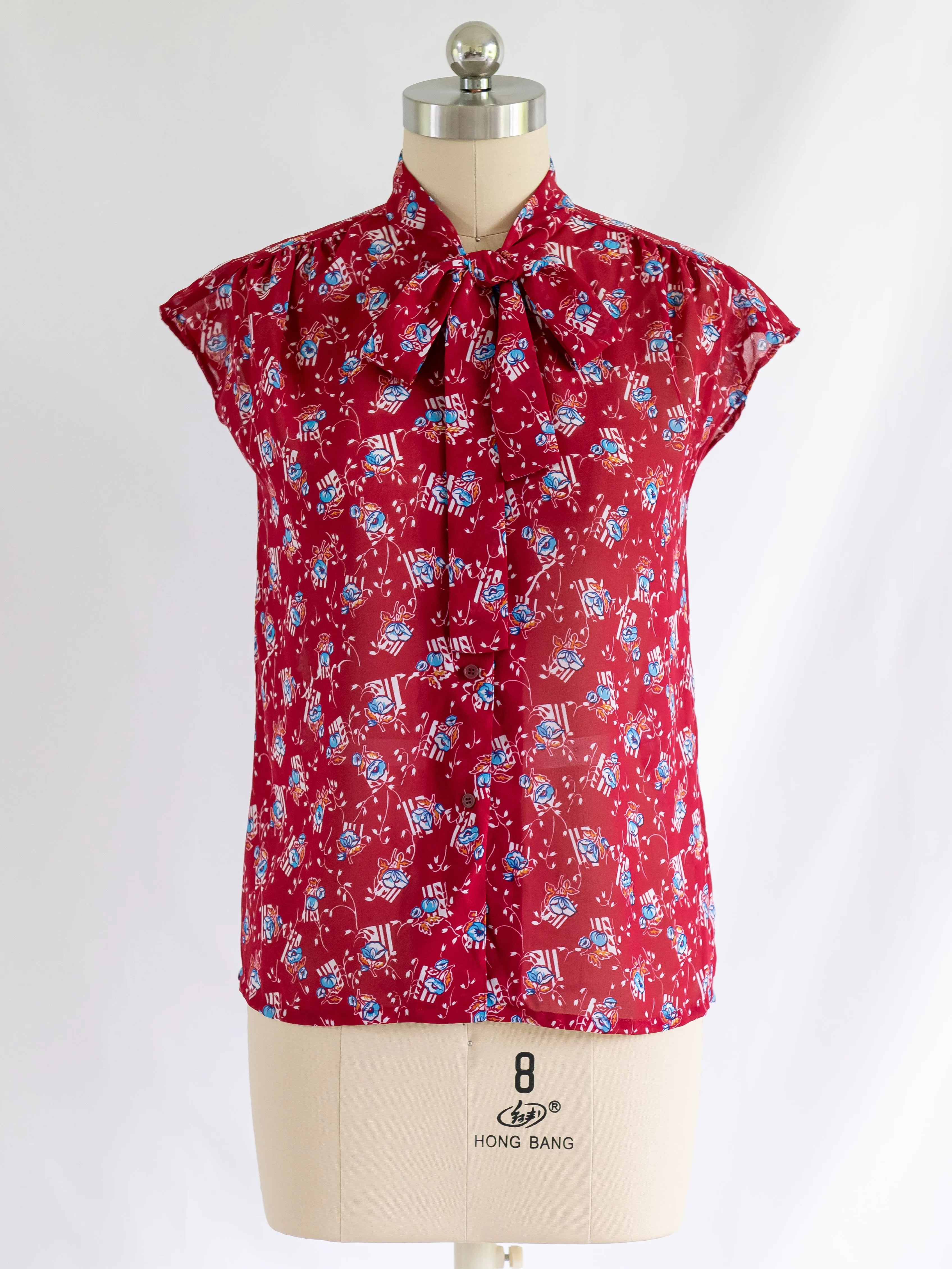 Vintage Red Chiffon Floral Print Tie Neck Blouse