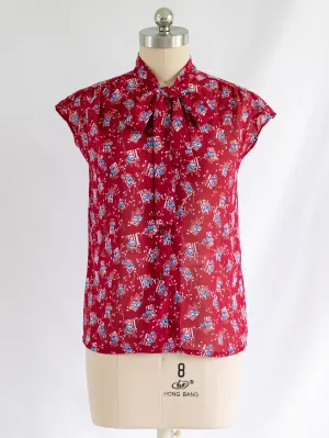 Vintage Red Chiffon Floral Print Tie Neck Blouse