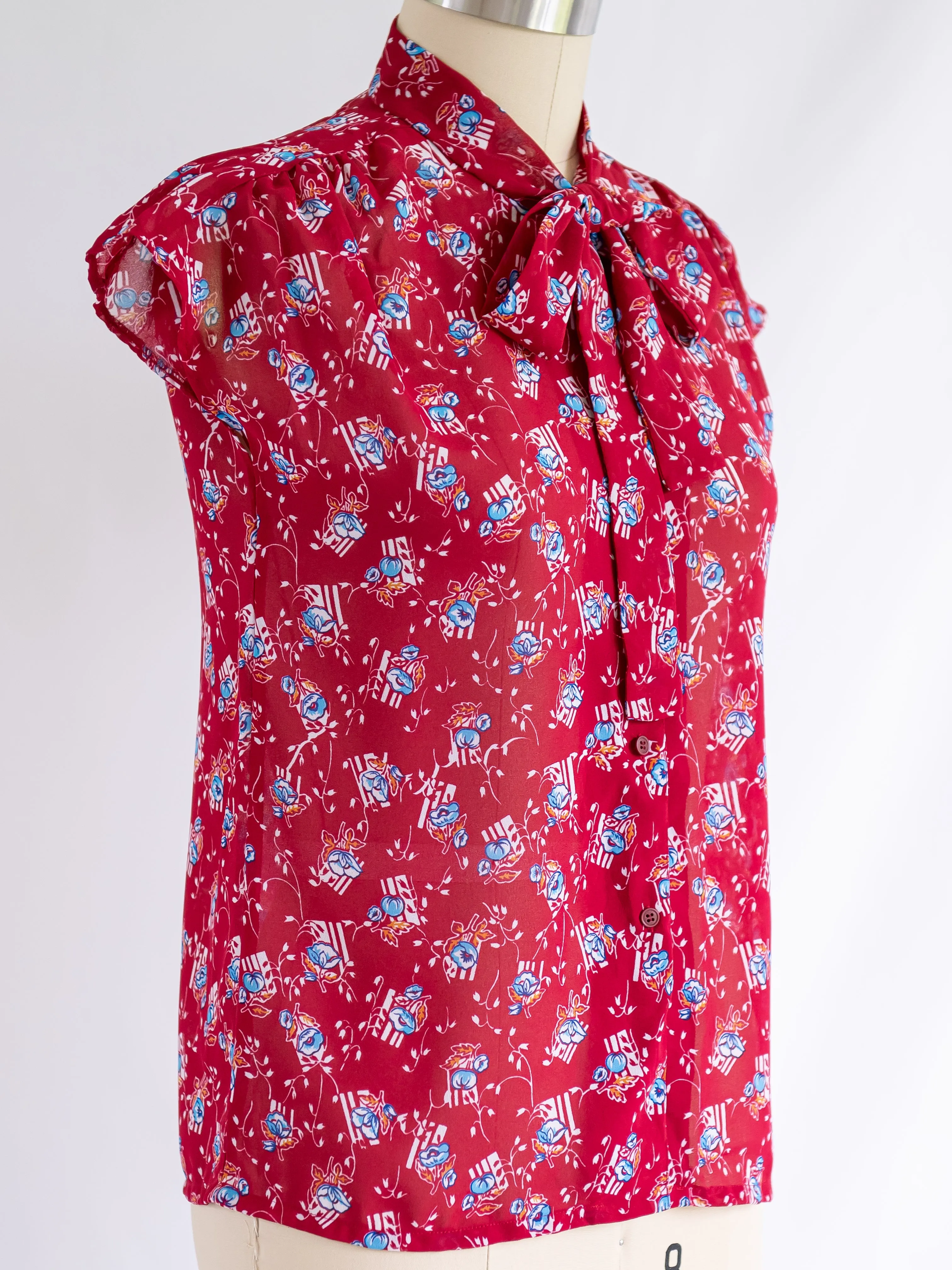 Vintage Red Chiffon Floral Print Tie Neck Blouse