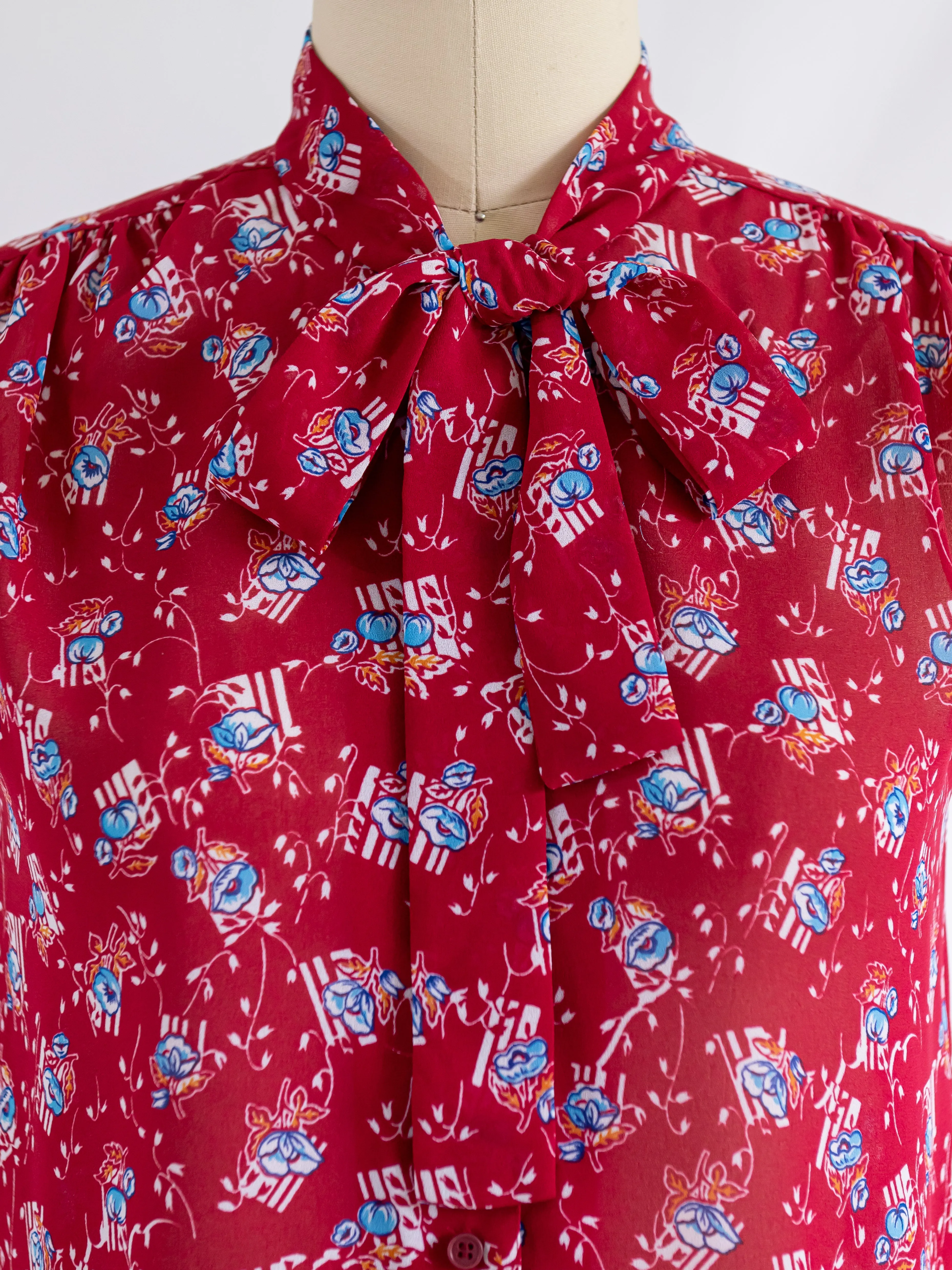 Vintage Red Chiffon Floral Print Tie Neck Blouse